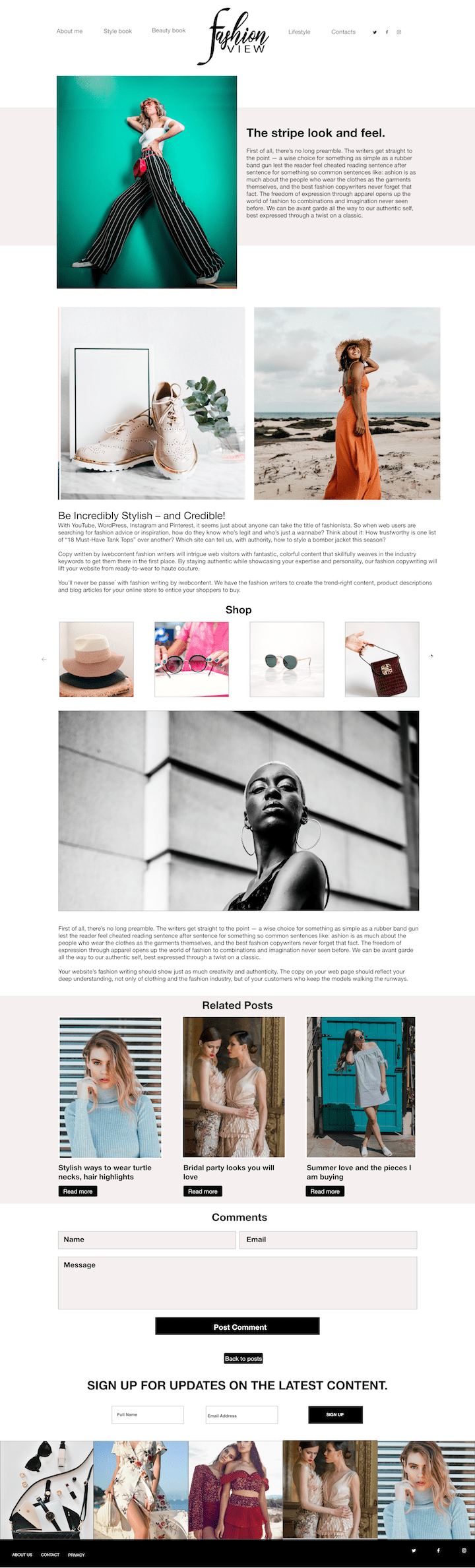 Homepage for fashion blogger website